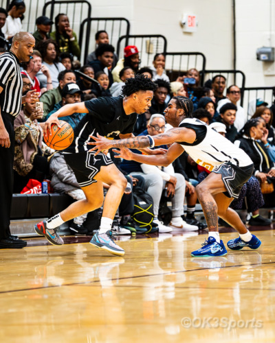 FORESTVILLE, Md. — Anthony Brown Jr. (left) drives past MVP Jasiah Cannady during the Lethal Shooter All-Star Game at Bishop McNamara High School. Photo by Olen Kelley III/OK3Sports.