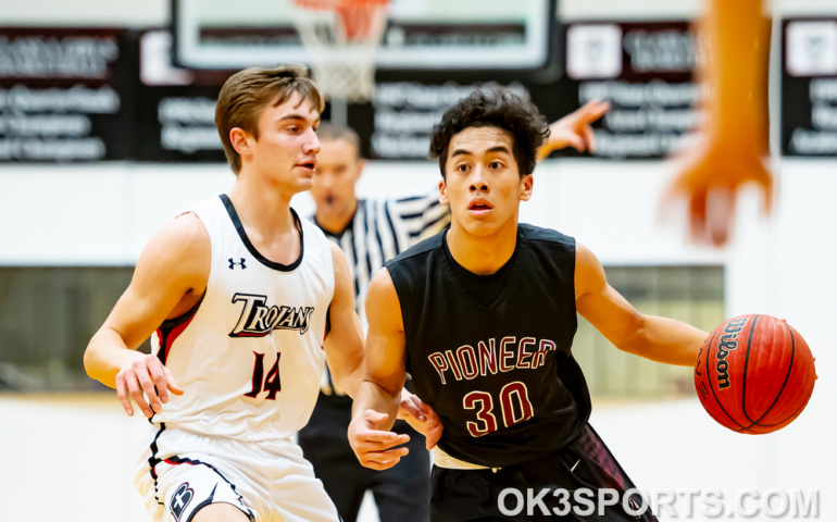 basketball, oklahoma bible trojans, oklahoma bible academy, pioneer-pleasent vale mustangs, pioneer mustangs, boys baskeltball, enid, OK, Ty Dennett, Kevin Noel, Kolby Vestal, Traber Smithson, William Price