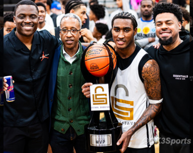 FORESTVILLE, Md. — Chris “Lethal Shooter” Matthews poses with Kenyan R. McDuffie, MVP Jasiah Cannady, and former NBA player Quinn Cook after Cannady was named MVP of the Lethal Shooter All-Star Game at Bishop McNamara High School. Photo by Olen Kelley III/OK3Sports.