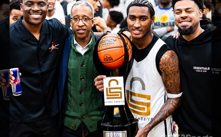 FORESTVILLE, Md. — Chris “Lethal Shooter” Matthews poses with Kenyan R. McDuffie, MVP Jasiah Cannady, and former NBA player Quinn Cook after Cannady was named MVP of the Lethal Shooter All-Star Game at Bishop McNamara High School. Photo by Olen Kelley III/OK3Sports.
