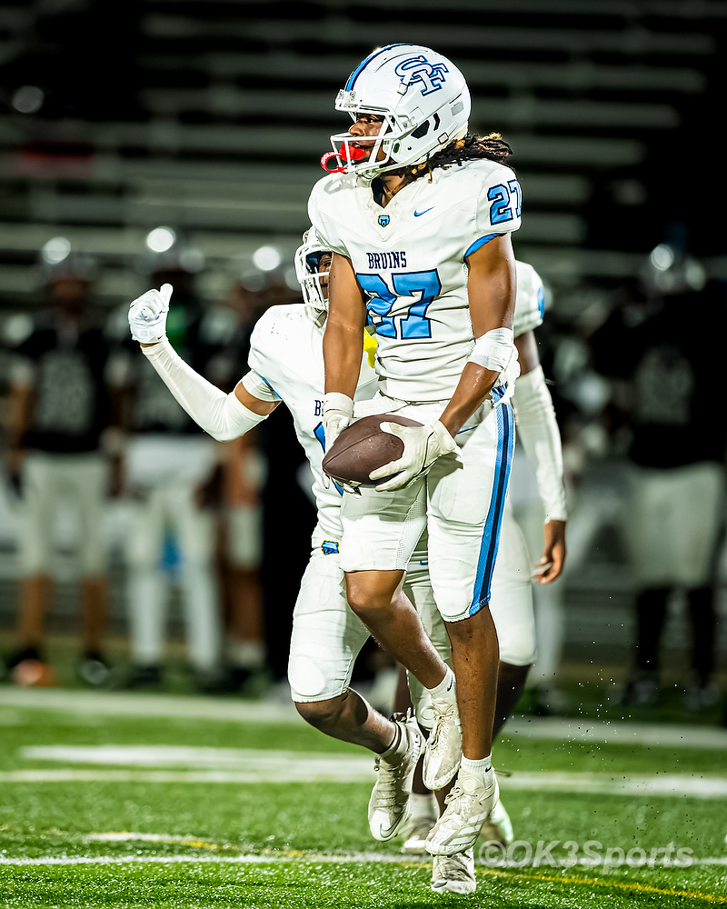 Xavier Mitchell (27), South Florence Bruins, celebrates after a momentum-changing fumble recovery against Gray Collegiate Academy