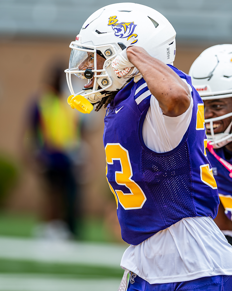 Benedict defensive back Joshua Lee (#33) celebrates against Clark Atlanta