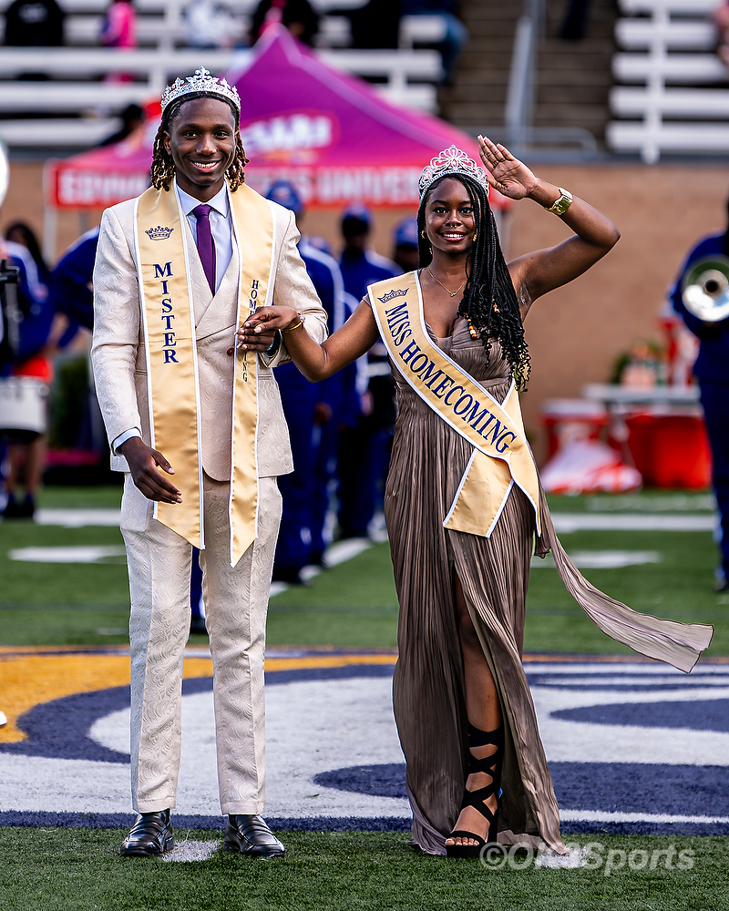 Benedict College 2026 Mister Homecoming Nizejuan Harris and Miss Homecoming Sydney Alana Theirse, wearing crowns and sashes, are introduced at Benedict homecoming.